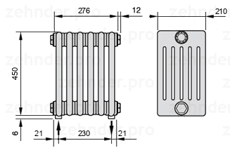 Схема (чертеж) Радиатор Zehnder Charleston 6045/6 №3570 Белый глянцевый RAL 9016